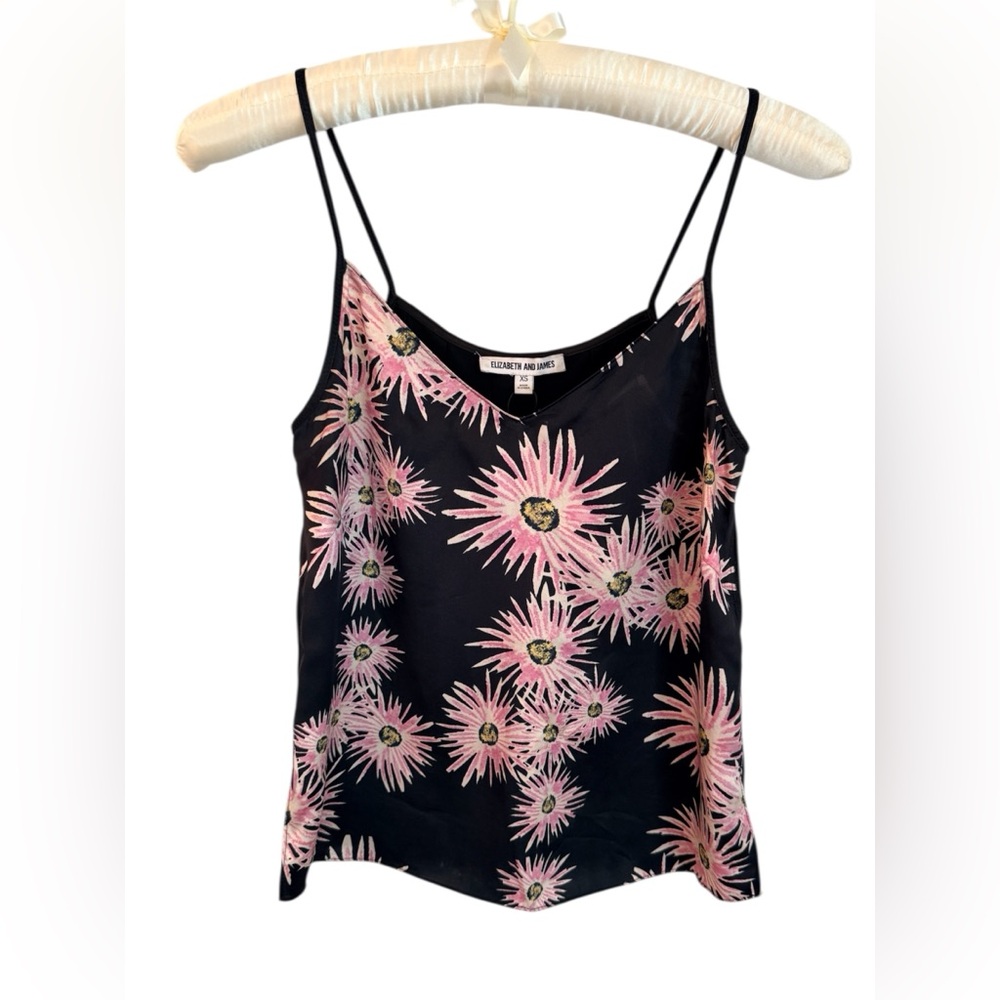Elizabeth and James Black Silk Cami with Pink Daisy Print